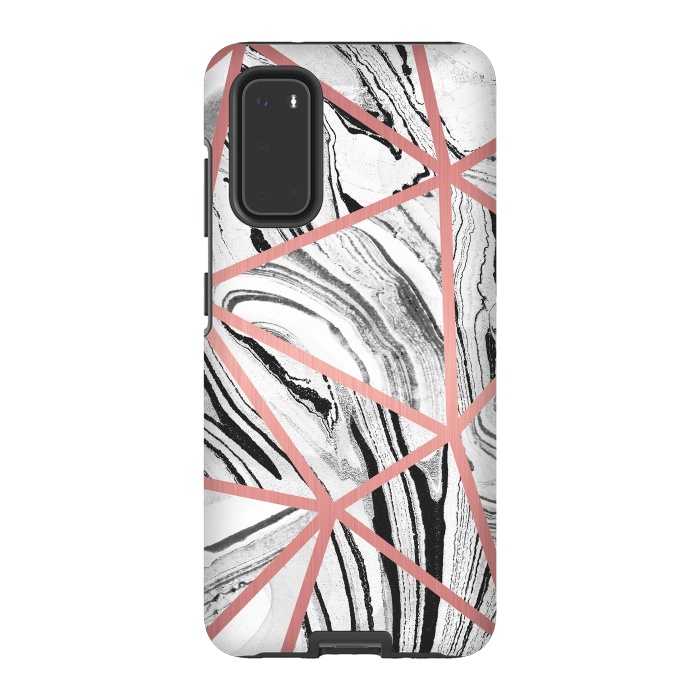Galaxy S20 StrongFit White marble with black stripes and rose gold triangles by Oana 