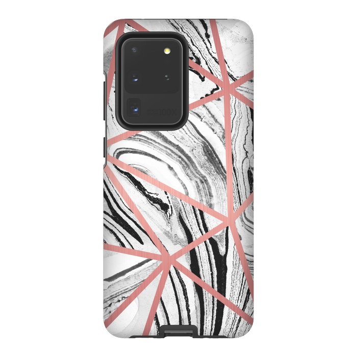 Galaxy S20 Ultra StrongFit White marble with black stripes and rose gold triangles by Oana 