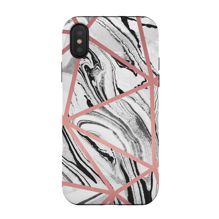 iPhone Xs / X StrongFit White marble with black stripes and rose gold triangles by Oana 