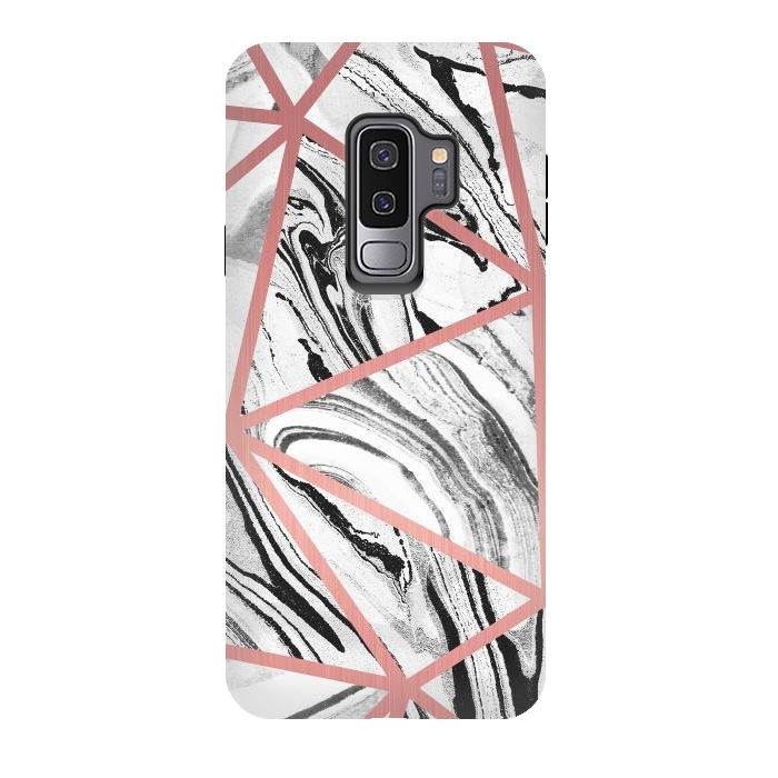 Galaxy S9 plus StrongFit White marble with black stripes and rose gold triangles by Oana 