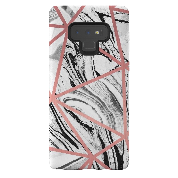 Galaxy Note 9 StrongFit White marble with black stripes and rose gold triangles by Oana 