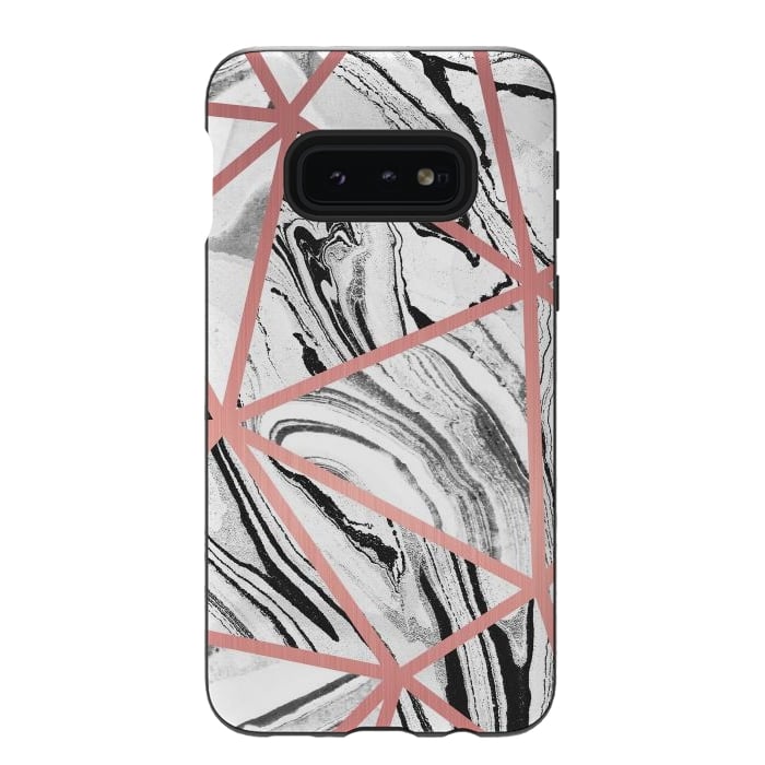 Galaxy S10e StrongFit White marble with black stripes and rose gold triangles by Oana 