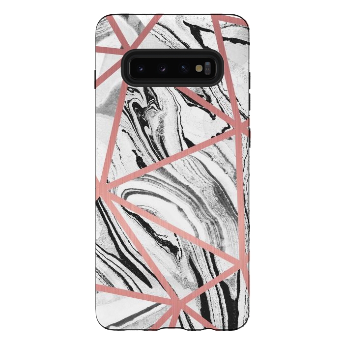 Galaxy S10 plus StrongFit White marble with black stripes and rose gold triangles by Oana 