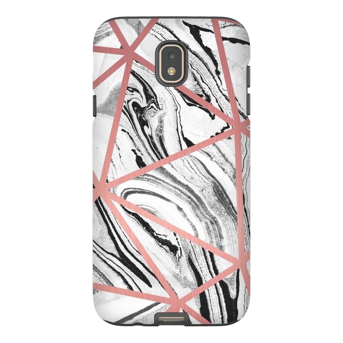 Galaxy J7 StrongFit White marble with black stripes and rose gold triangles by Oana 