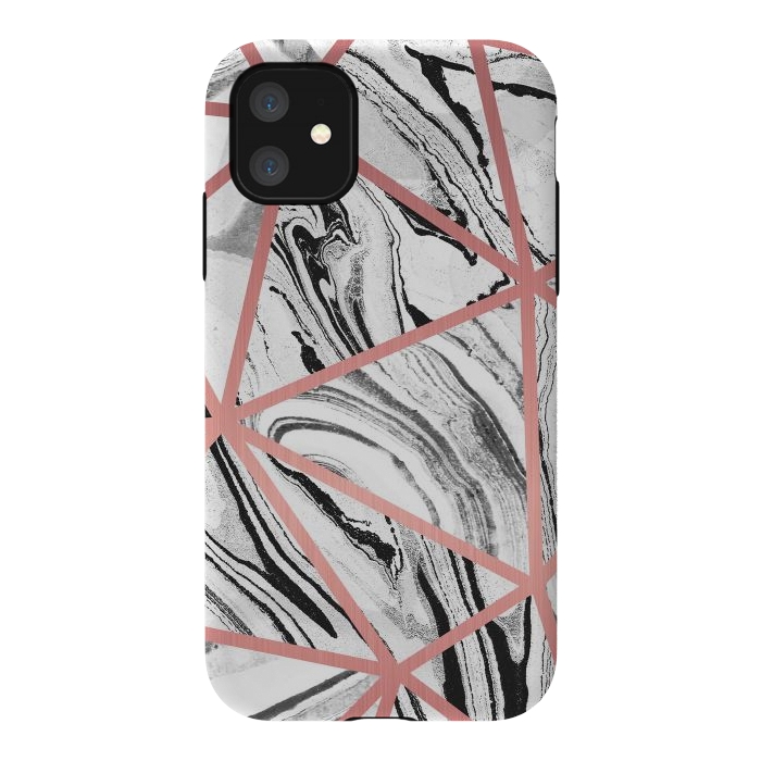 iPhone 11 StrongFit White marble with black stripes and rose gold triangles by Oana 
