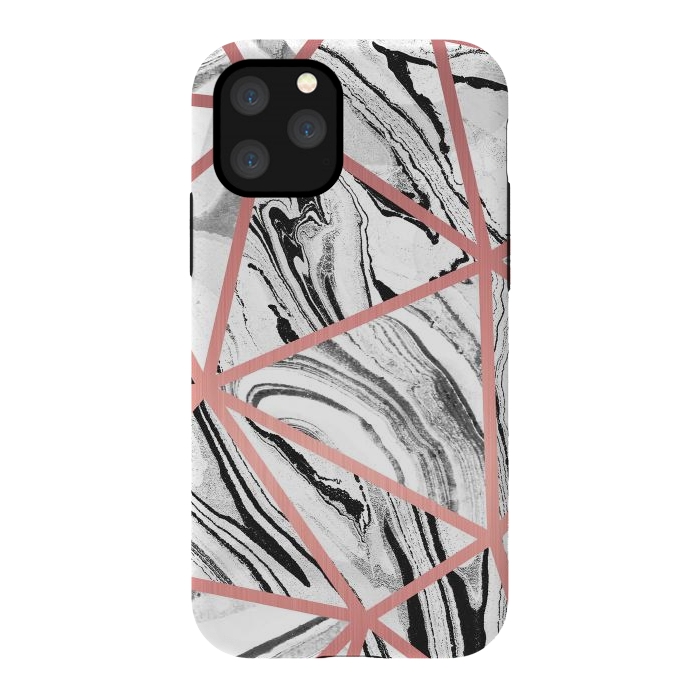 iPhone 11 Pro StrongFit White marble with black stripes and rose gold triangles by Oana 