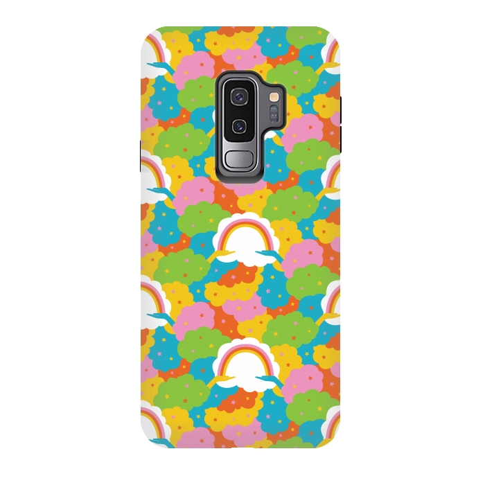 Galaxy S9 plus StrongFit Rainbows, clouds, hands, We're in This Together repeat pattern in pastels by Portia Monberg