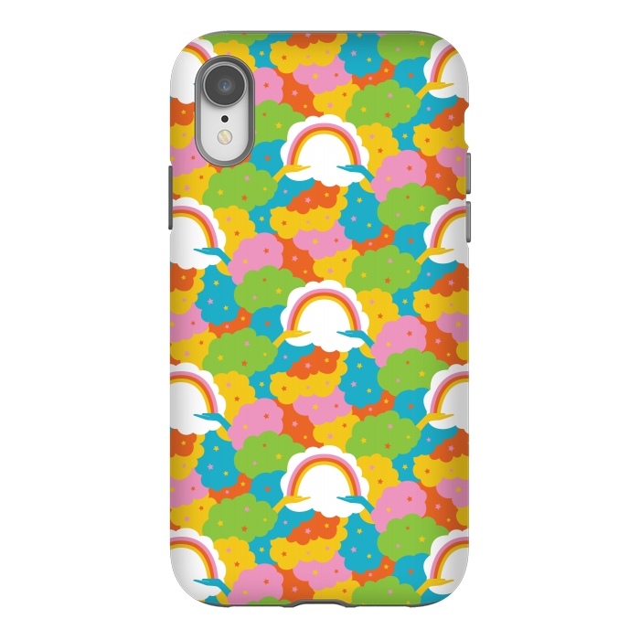iPhone Xr StrongFit Rainbows, clouds, hands, We're in This Together repeat pattern in pastels by Portia Monberg
