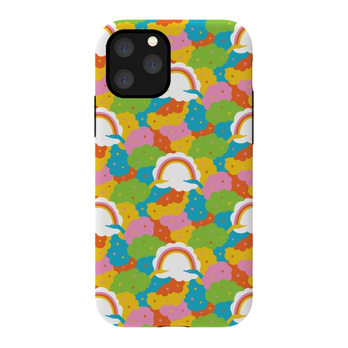 iPhone 11 Pro StrongFit Rainbows, clouds, hands, We're in This Together repeat pattern in pastels by Portia Monberg