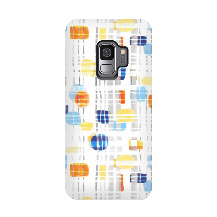Galaxy S9 StrongFit Blue & Yellow Abstract Gouache Shapes & Gingham by Tigatiga