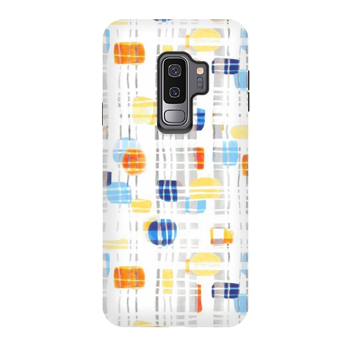Galaxy S9 plus StrongFit Blue & Yellow Abstract Gouache Shapes & Gingham by Tigatiga