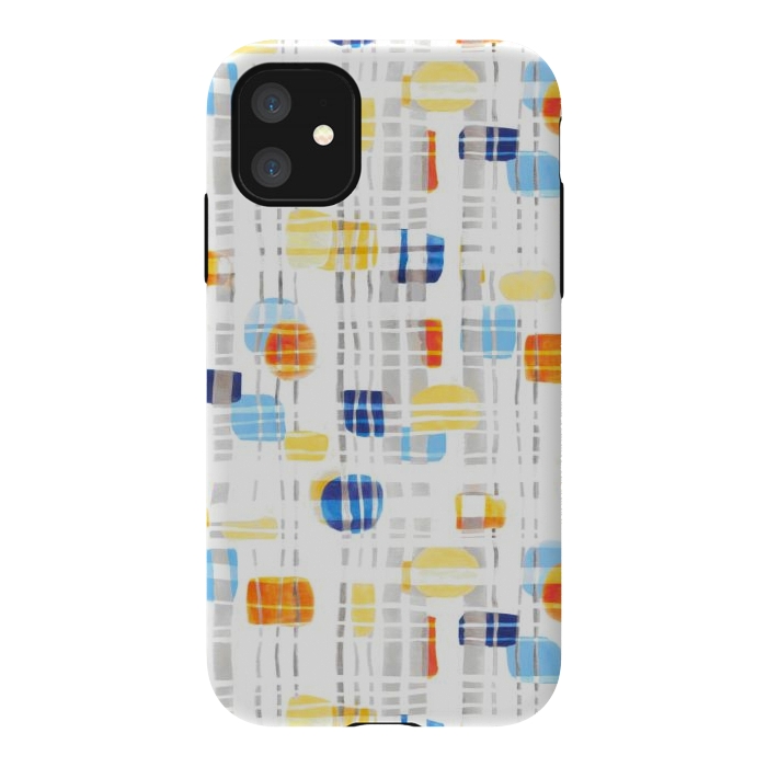 iPhone 11 StrongFit Blue & Yellow Abstract Gouache Shapes & Gingham by Tigatiga