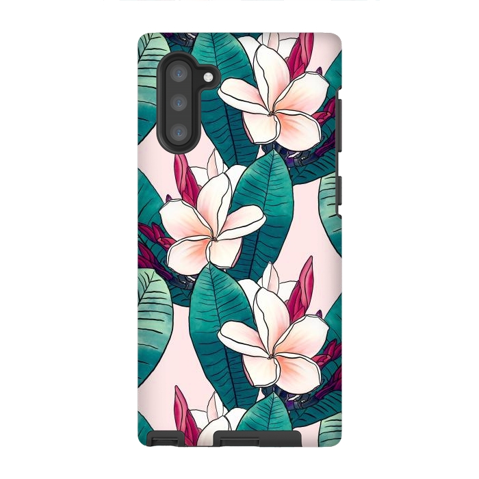 Galaxy Note 10 StrongFit Trendy Tropical Plumeria Flowers Green Foliage Design by InovArts