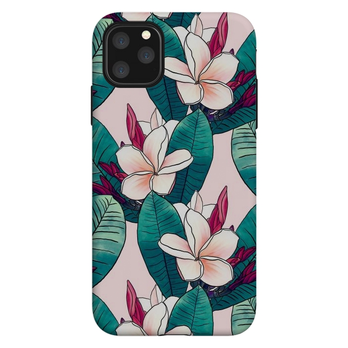 iPhone 11 Pro Max StrongFit Trendy Tropical Plumeria Flowers Green Foliage Design by InovArts