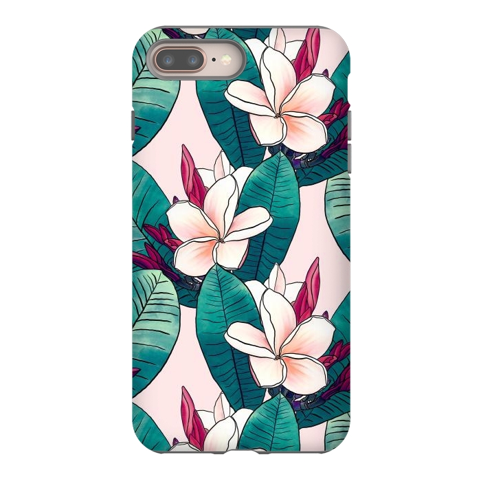 iPhone 7 plus StrongFit Trendy Tropical Plumeria Flowers Green Foliage Design by InovArts