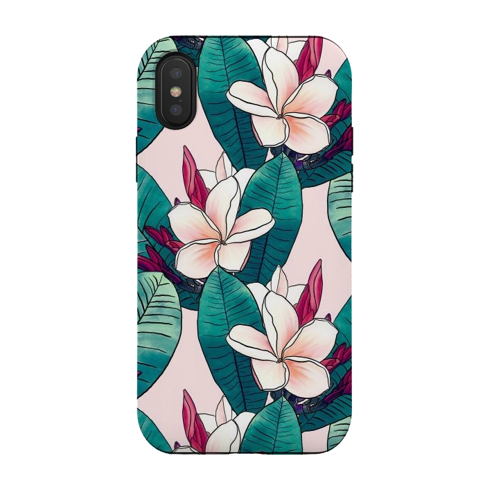 iPhone Xs / X StrongFit Trendy Tropical Plumeria Flowers Green Foliage Design by InovArts