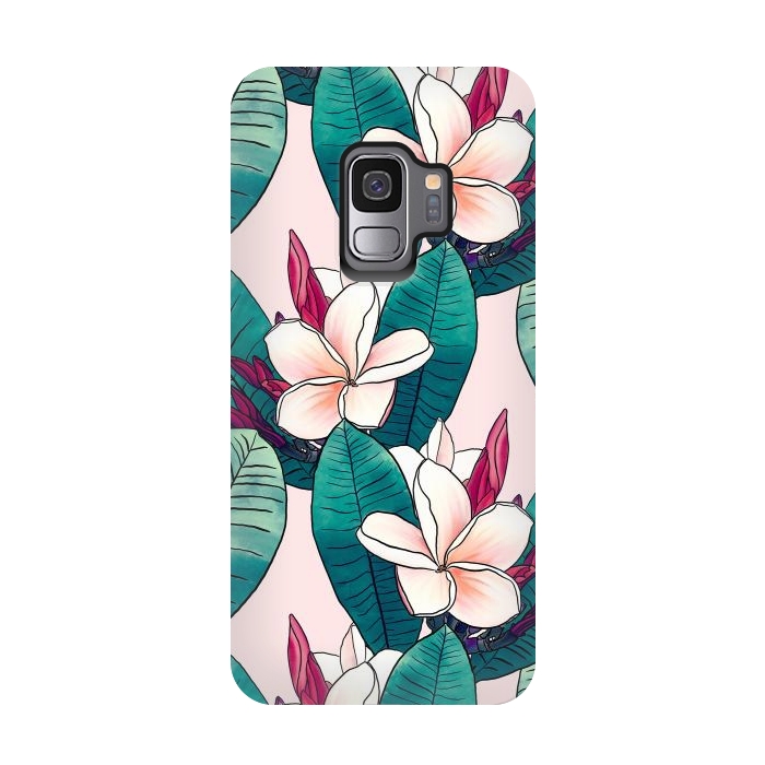 Galaxy S9 StrongFit Trendy Tropical Plumeria Flowers Green Foliage Design by InovArts
