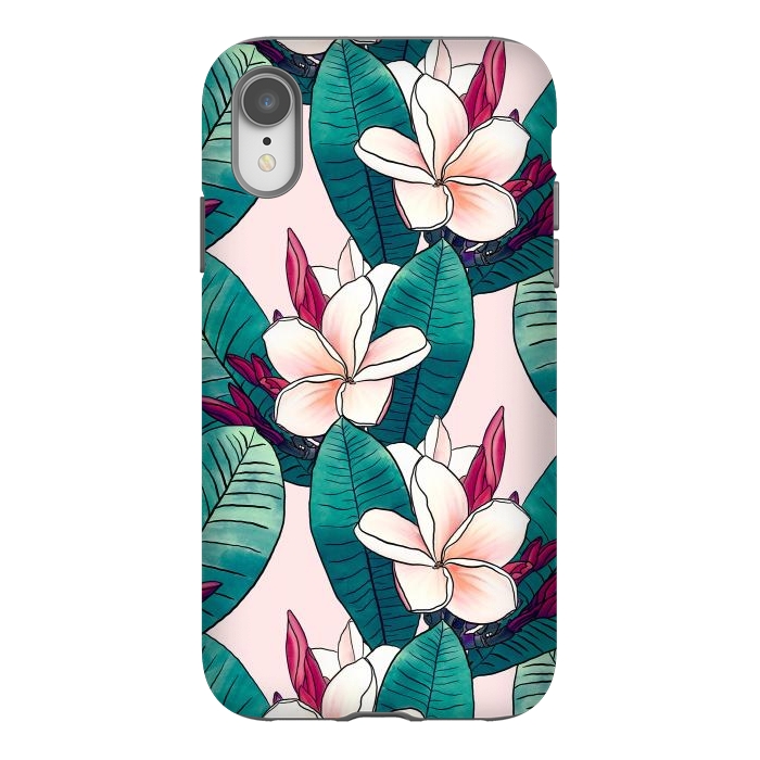 iPhone Xr StrongFit Trendy Tropical Plumeria Flowers Green Foliage Design by InovArts