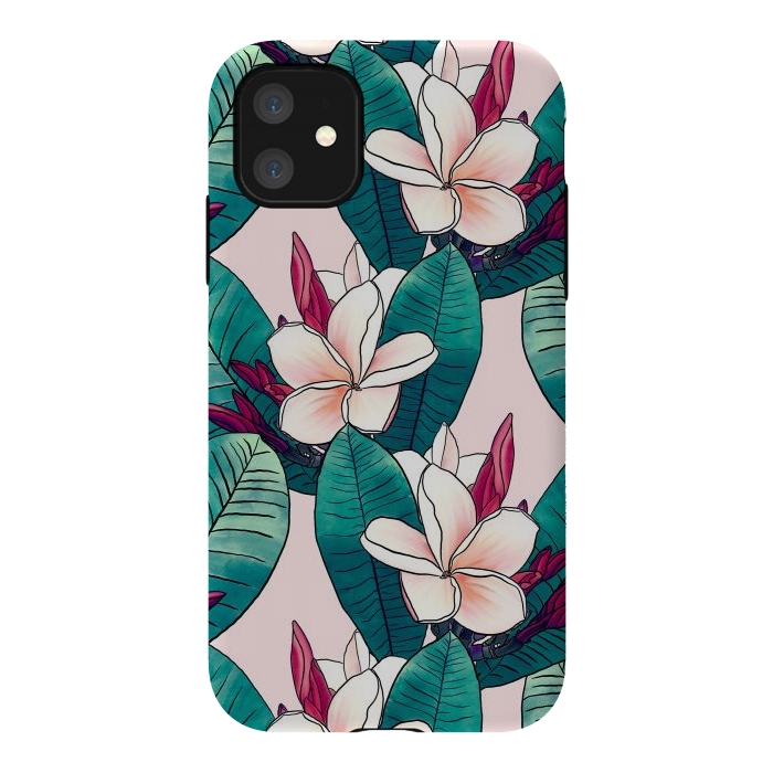 iPhone 11 StrongFit Trendy Tropical Plumeria Flowers Green Foliage Design by InovArts
