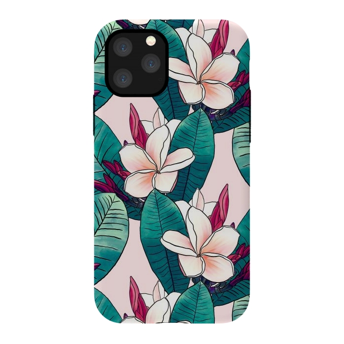 iPhone 11 Pro StrongFit Trendy Tropical Plumeria Flowers Green Foliage Design by InovArts