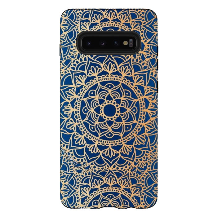 Galaxy S10 plus StrongFit Blue and Yellow Mandala Pattern by Julie Erin Designs