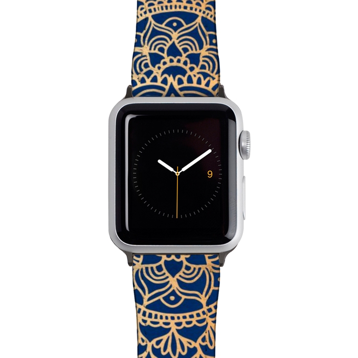 Watch 42mm / 44mm Strap PU leather Blue and Yellow Mandala Pattern by Julie Erin Designs