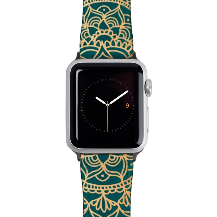 Watch 42mm / 44mm Strap PU leather Teal Green and Yellow Mandala Pattern by Julie Erin Designs