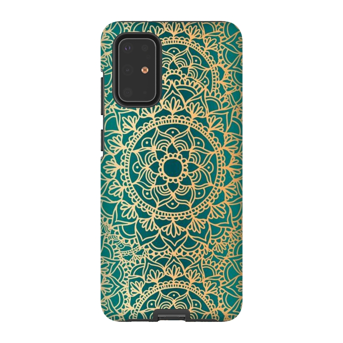 Galaxy S20 Plus StrongFit Teal Green and Yellow Mandala Pattern by Julie Erin Designs