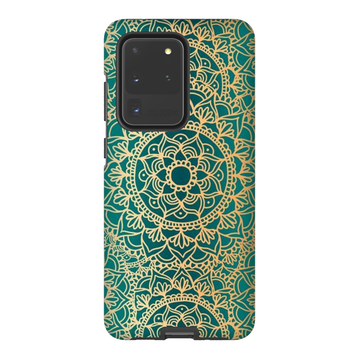 Galaxy S20 Ultra StrongFit Teal Green and Yellow Mandala Pattern by Julie Erin Designs