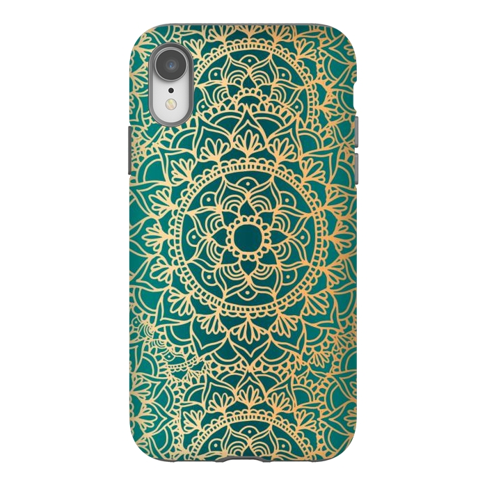 iPhone Xr StrongFit Teal Green and Yellow Mandala Pattern by Julie Erin Designs