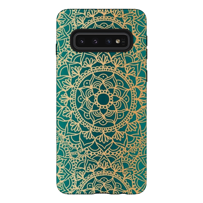 Galaxy S10 StrongFit Teal Green and Yellow Mandala Pattern by Julie Erin Designs