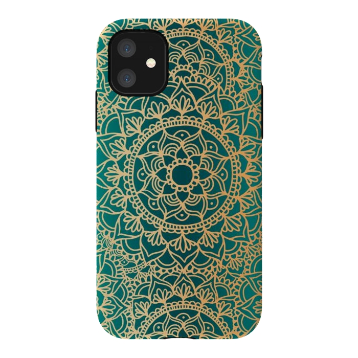 iPhone 11 StrongFit Teal Green and Yellow Mandala Pattern by Julie Erin Designs