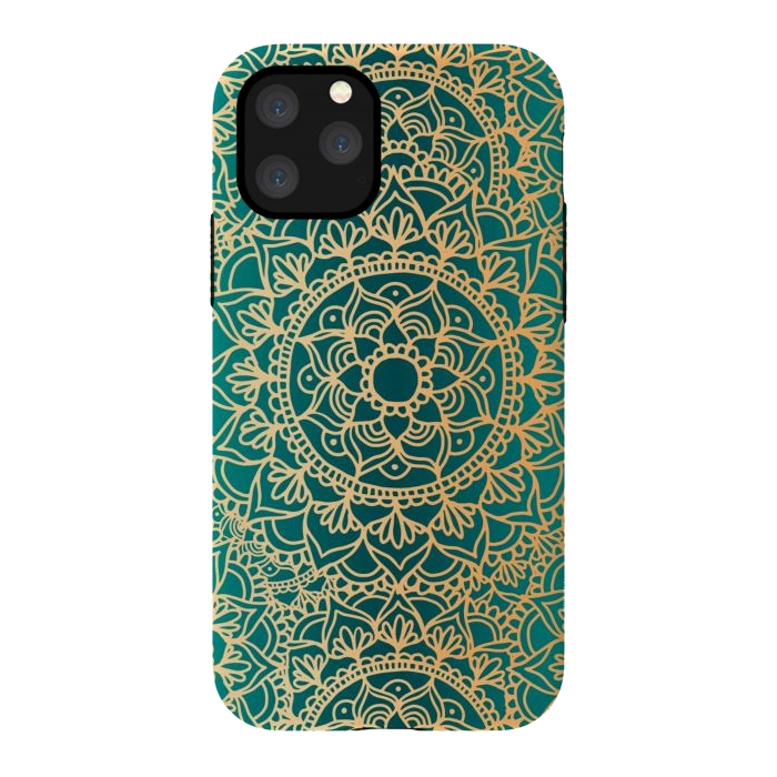iPhone 11 Pro StrongFit Teal Green and Yellow Mandala Pattern by Julie Erin Designs