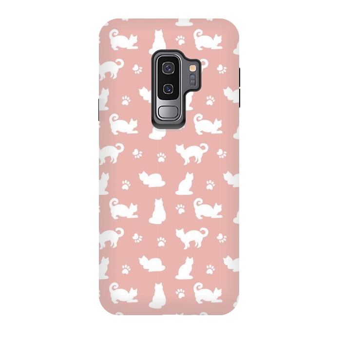 Galaxy S9 plus StrongFit Pink and White Cat Pattern by Julie Erin Designs