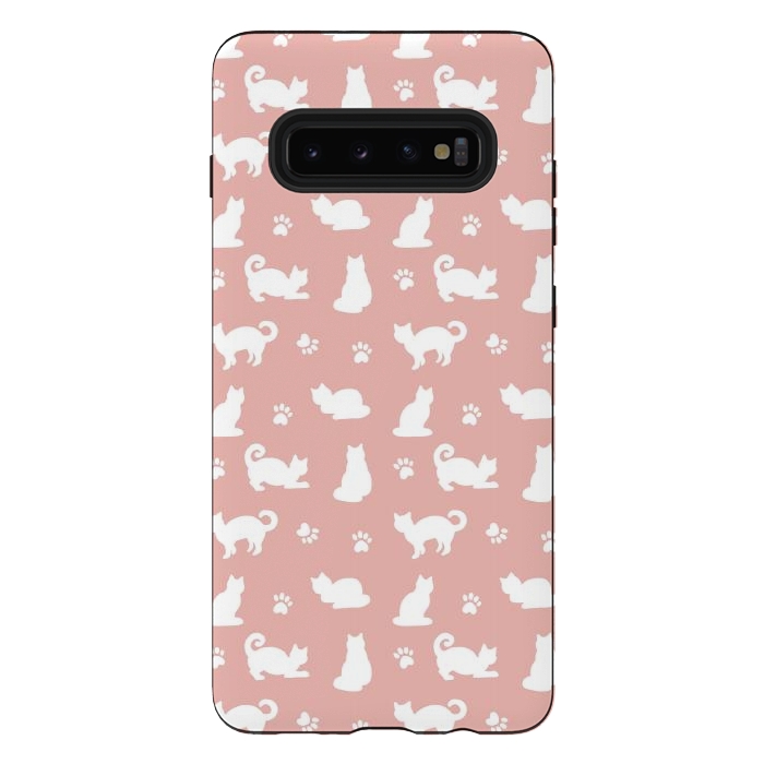 Galaxy S10 plus StrongFit Pink and White Cat Pattern by Julie Erin Designs