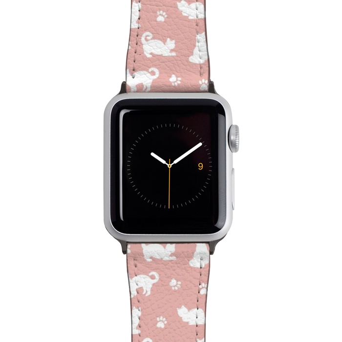 Watch 42mm / 44mm Strap PU leather Pink and White Cat Pattern by Julie Erin Designs