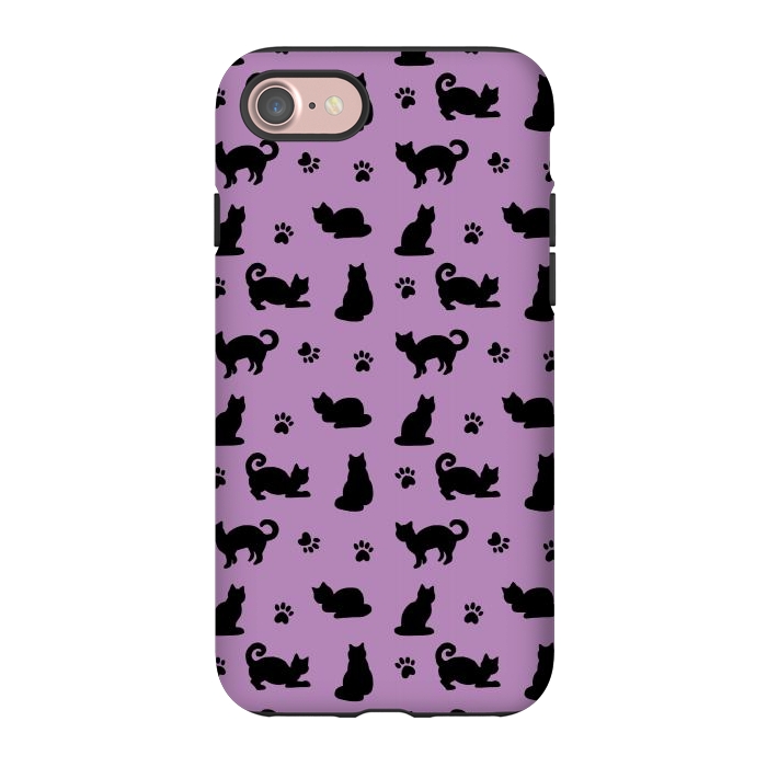 iPhone 7 StrongFit Black and Purple Cats and Paw Prints Pattern by Julie Erin Designs