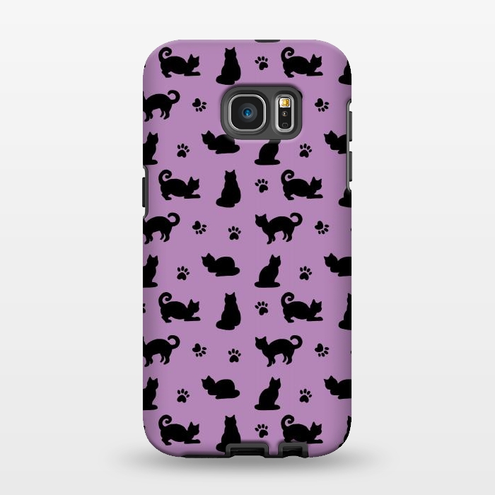 Galaxy S7 EDGE StrongFit Black and Purple Cats and Paw Prints Pattern by Julie Erin Designs
