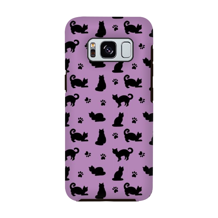 Galaxy S8 StrongFit Black and Purple Cats and Paw Prints Pattern by Julie Erin Designs