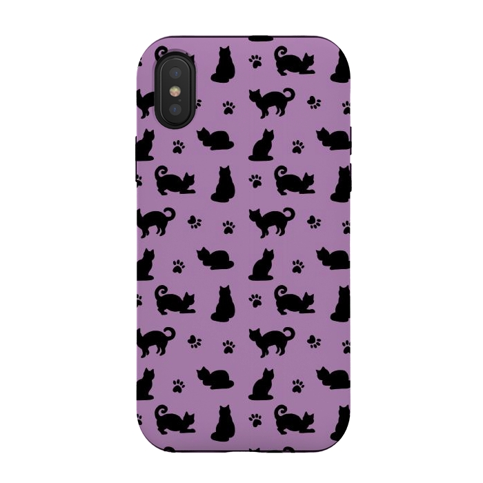 iPhone Xs / X StrongFit Black and Purple Cats and Paw Prints Pattern by Julie Erin Designs