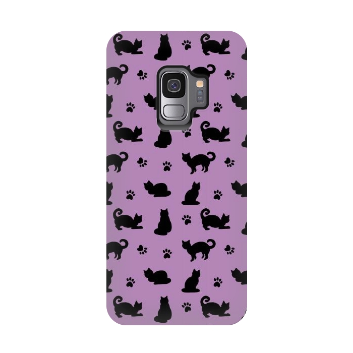 Galaxy S9 StrongFit Black and Purple Cats and Paw Prints Pattern by Julie Erin Designs