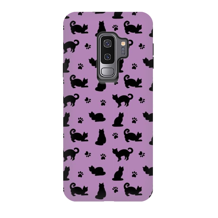 Galaxy S9 plus StrongFit Black and Purple Cats and Paw Prints Pattern by Julie Erin Designs