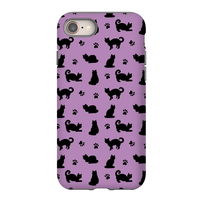 iPhone 8 StrongFit Black and Purple Cats and Paw Prints Pattern by Julie Erin Designs