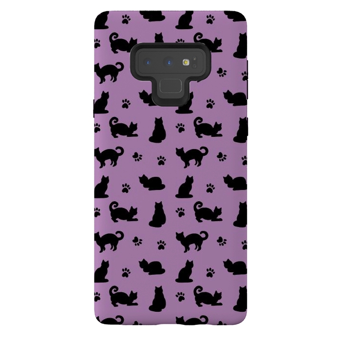 Galaxy Note 9 StrongFit Black and Purple Cats and Paw Prints Pattern by Julie Erin Designs