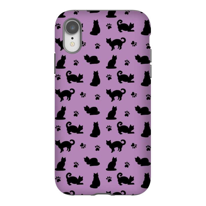 iPhone Xr StrongFit Black and Purple Cats and Paw Prints Pattern by Julie Erin Designs
