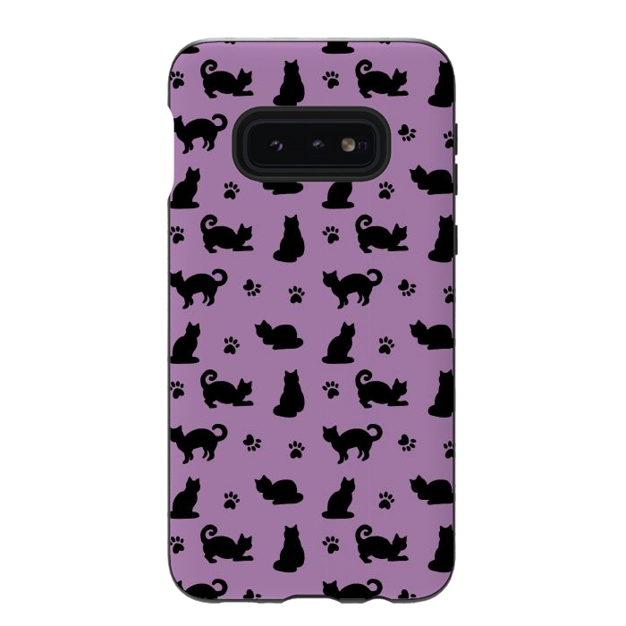 Galaxy S10e StrongFit Black and Purple Cats and Paw Prints Pattern by Julie Erin Designs