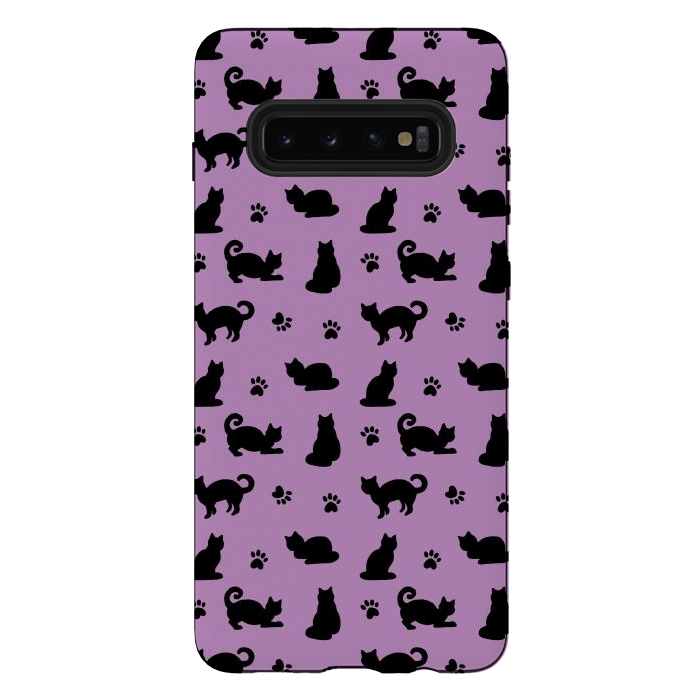 Galaxy S10 plus StrongFit Black and Purple Cats and Paw Prints Pattern by Julie Erin Designs