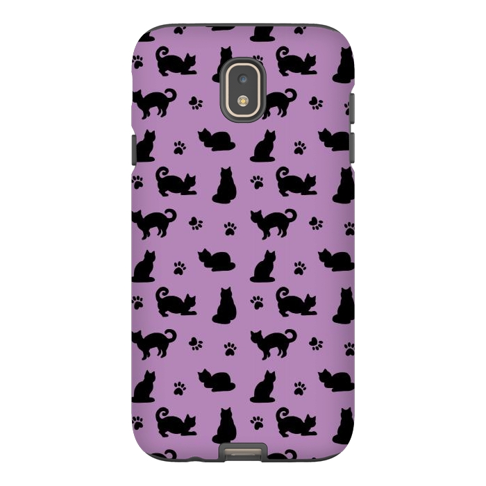 Galaxy J7 StrongFit Black and Purple Cats and Paw Prints Pattern by Julie Erin Designs