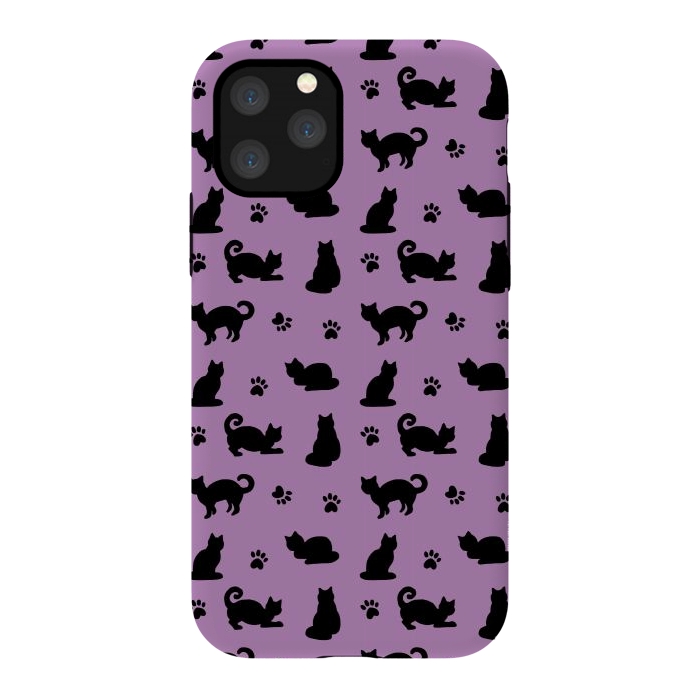 iPhone 11 Pro StrongFit Black and Purple Cats and Paw Prints Pattern by Julie Erin Designs