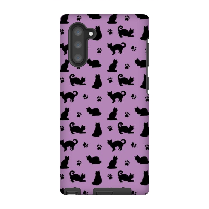 Galaxy Note 10 StrongFit Black and Purple Cats and Paw Prints Pattern by Julie Erin Designs